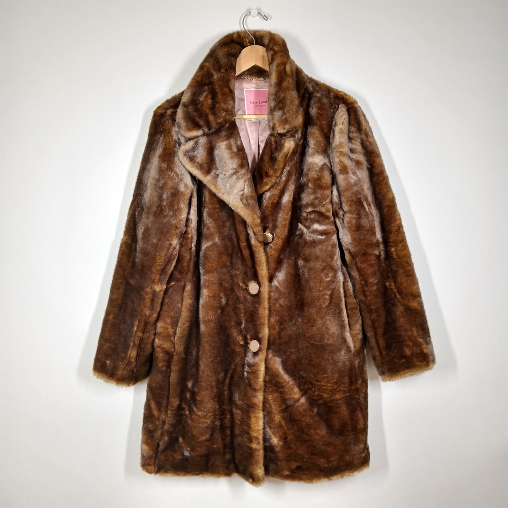 Kate Spade Faux Fur Coat Women M Brown Polyester Acrylic Notched Lapel Lined